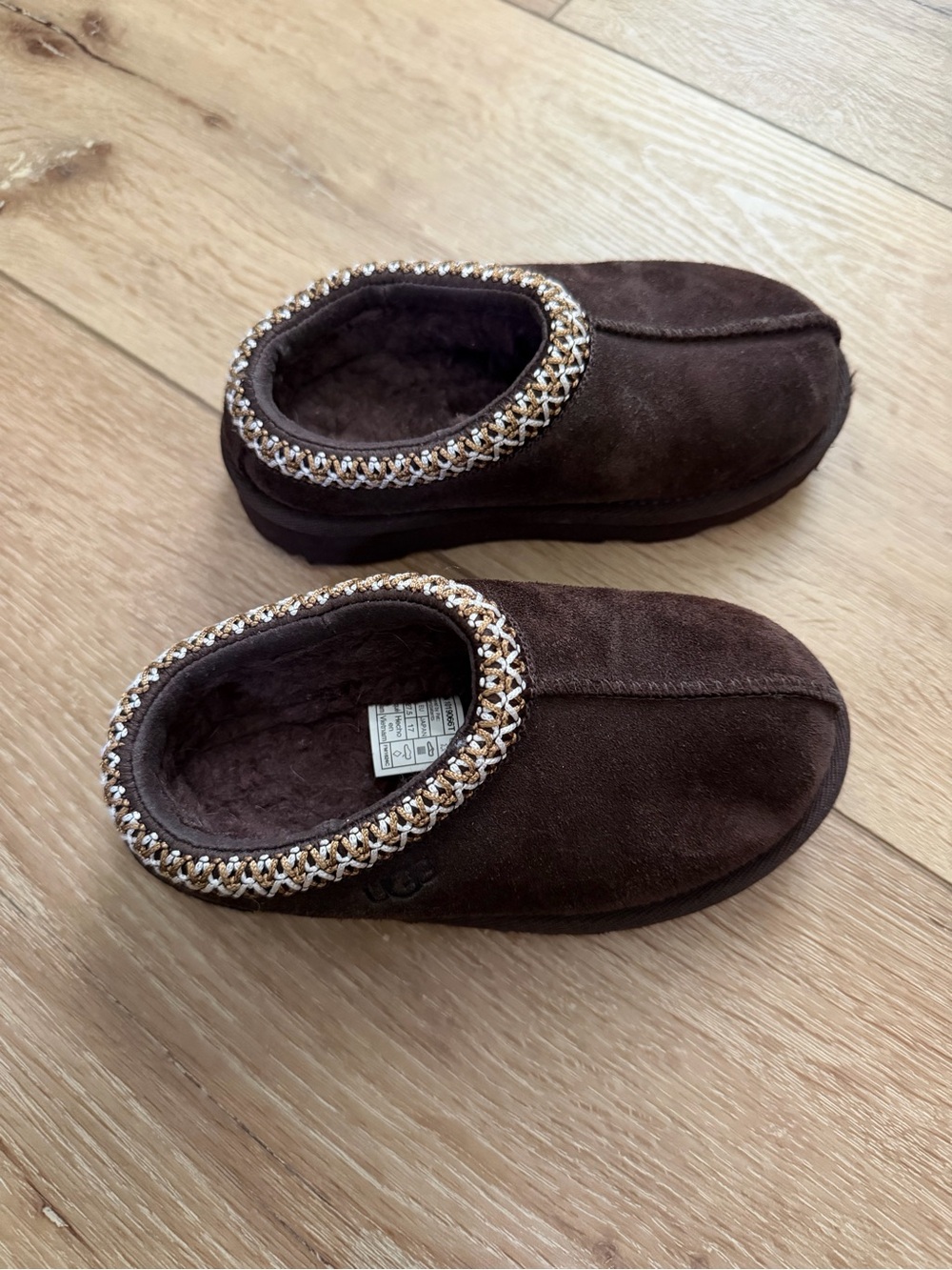 UGG Kids Dark Brown Slip-On Shearling Lined Slippers with Beaded Collar